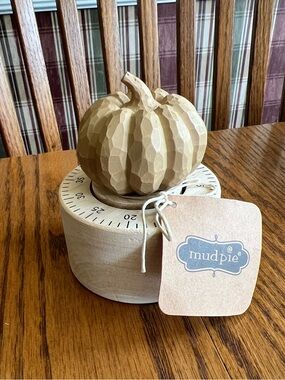 Mud Pie Timer Carved Wood Pumpkin Kitchen Timer in Natural Beige NWT